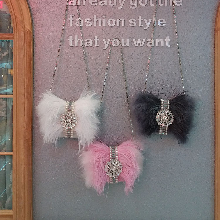 New fashion rhinestone evening bag ostrich feather bag diagonal shoulder chain