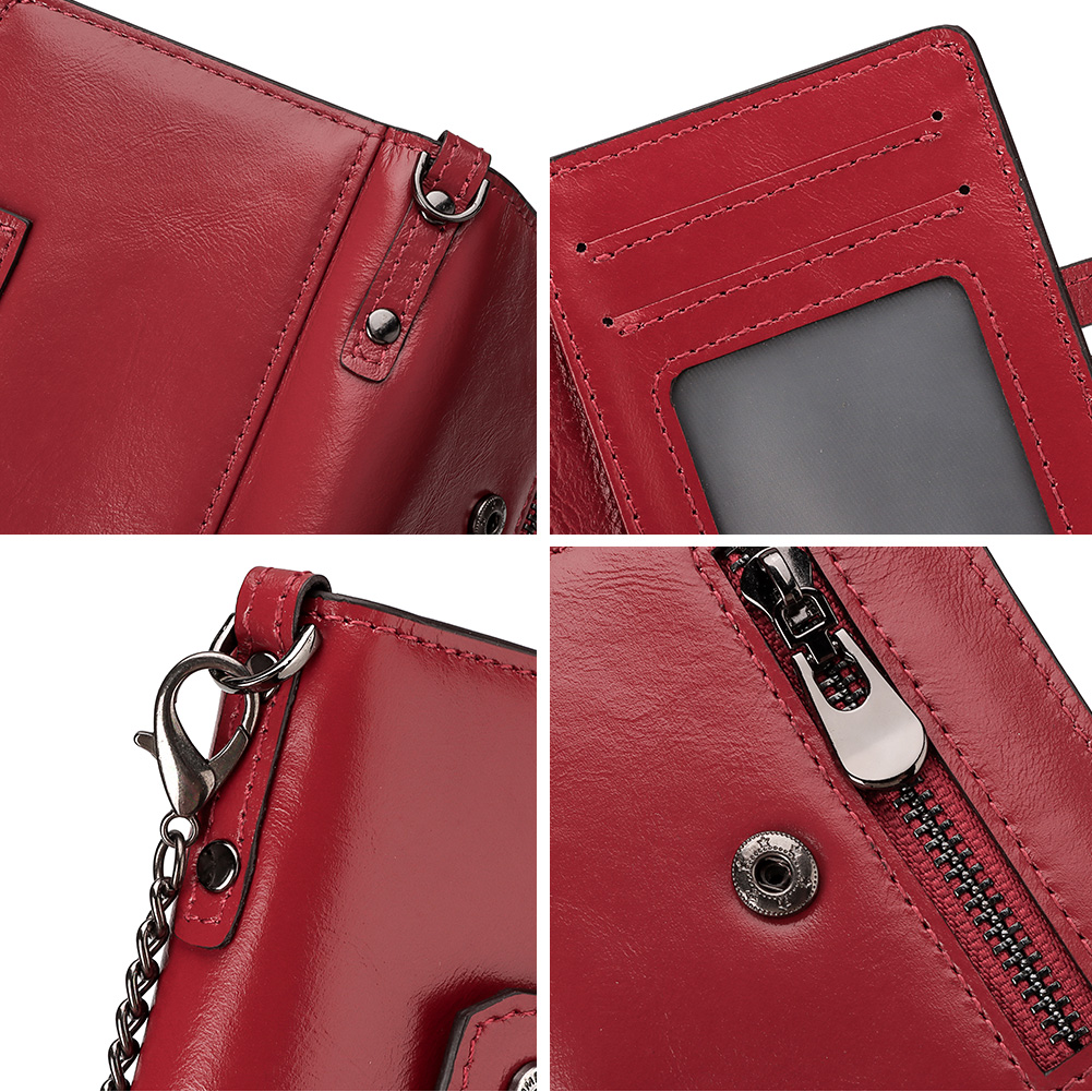 Mini Pop-Up Card Holder Genuine Leather Women Wallets RFID Blocking Protect Aluminum Cards Case Light Slim Purse with Chain