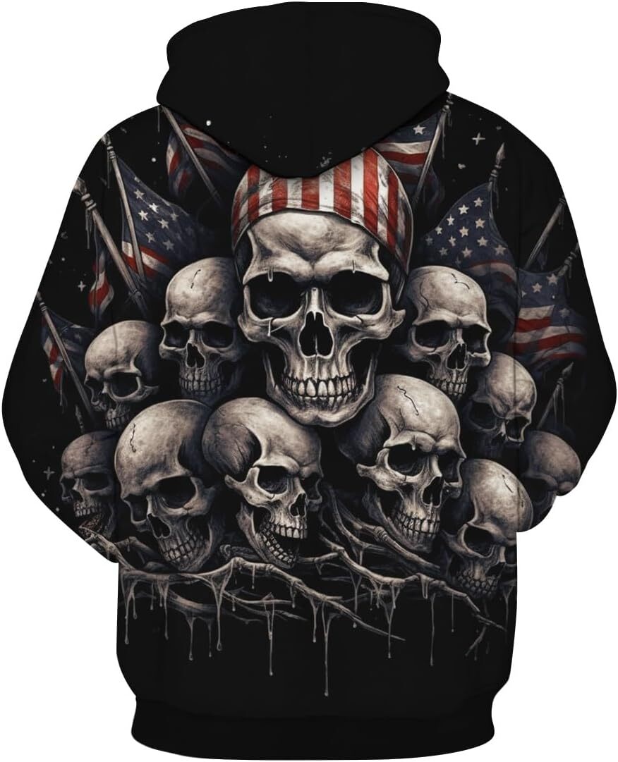 Hoodie for Mens Womens Novelty American Flag Hoodies for Men Skull Graphic Hoodie Sweatshirt Pullover Graphic Hoodies sweatshirt Trendy black pattern
