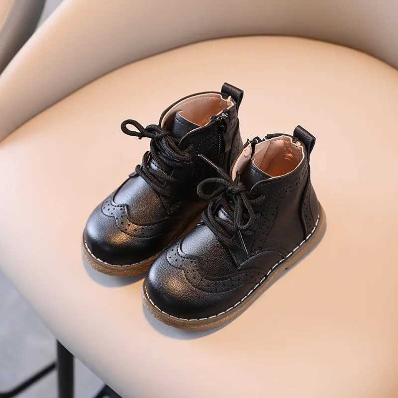 Children Boots British Sle Fretwork Pu Leather Brown Black Boys Girls Short Boot 21-30 Toddler Zipper Solid Color Kids ShoesXJ241206