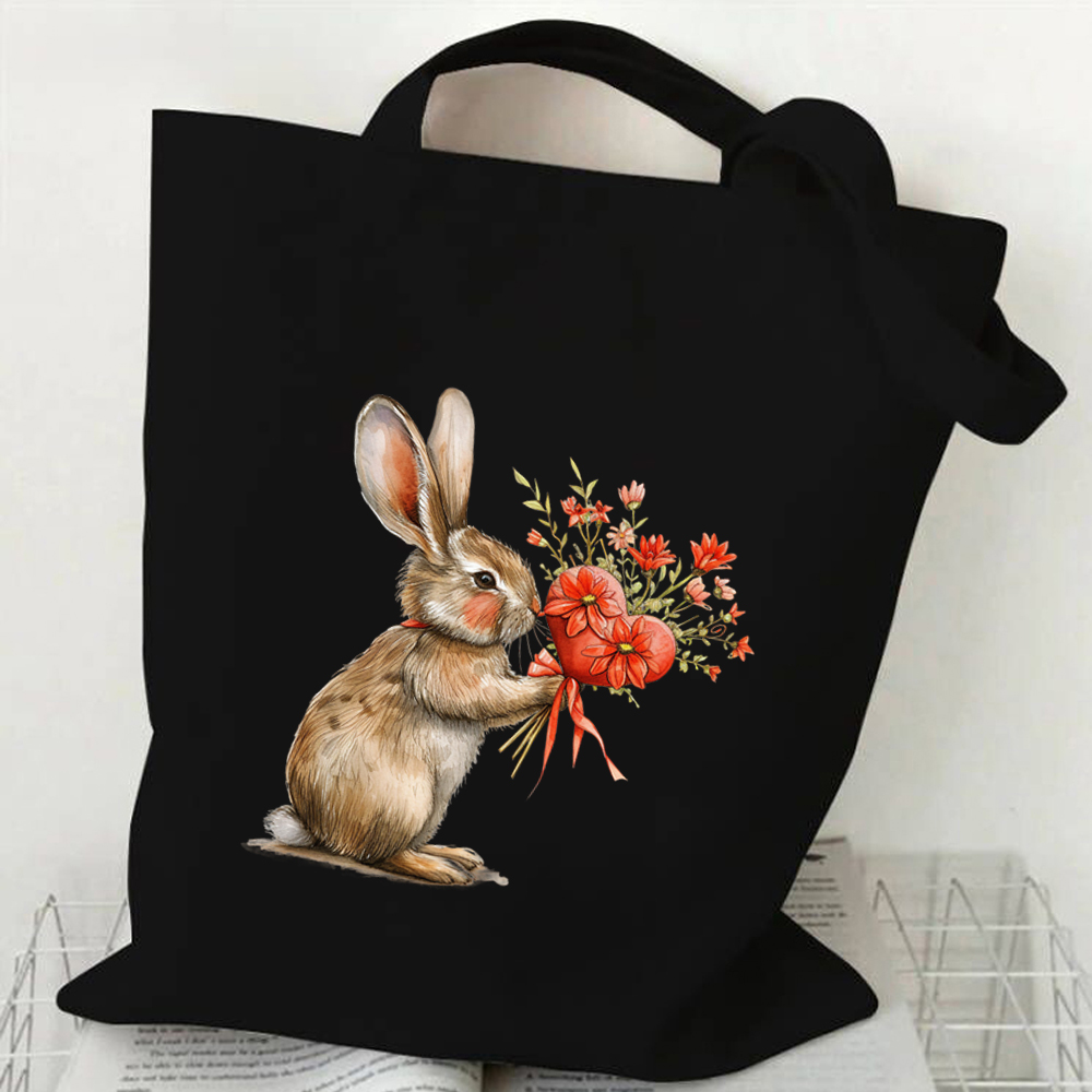 Bunny Handbag Women Watercolor Art Design Shoulder Bag Lady Casual Outdoor Beach Shopping Commuter Bag Floral Rabbit Tote Bag