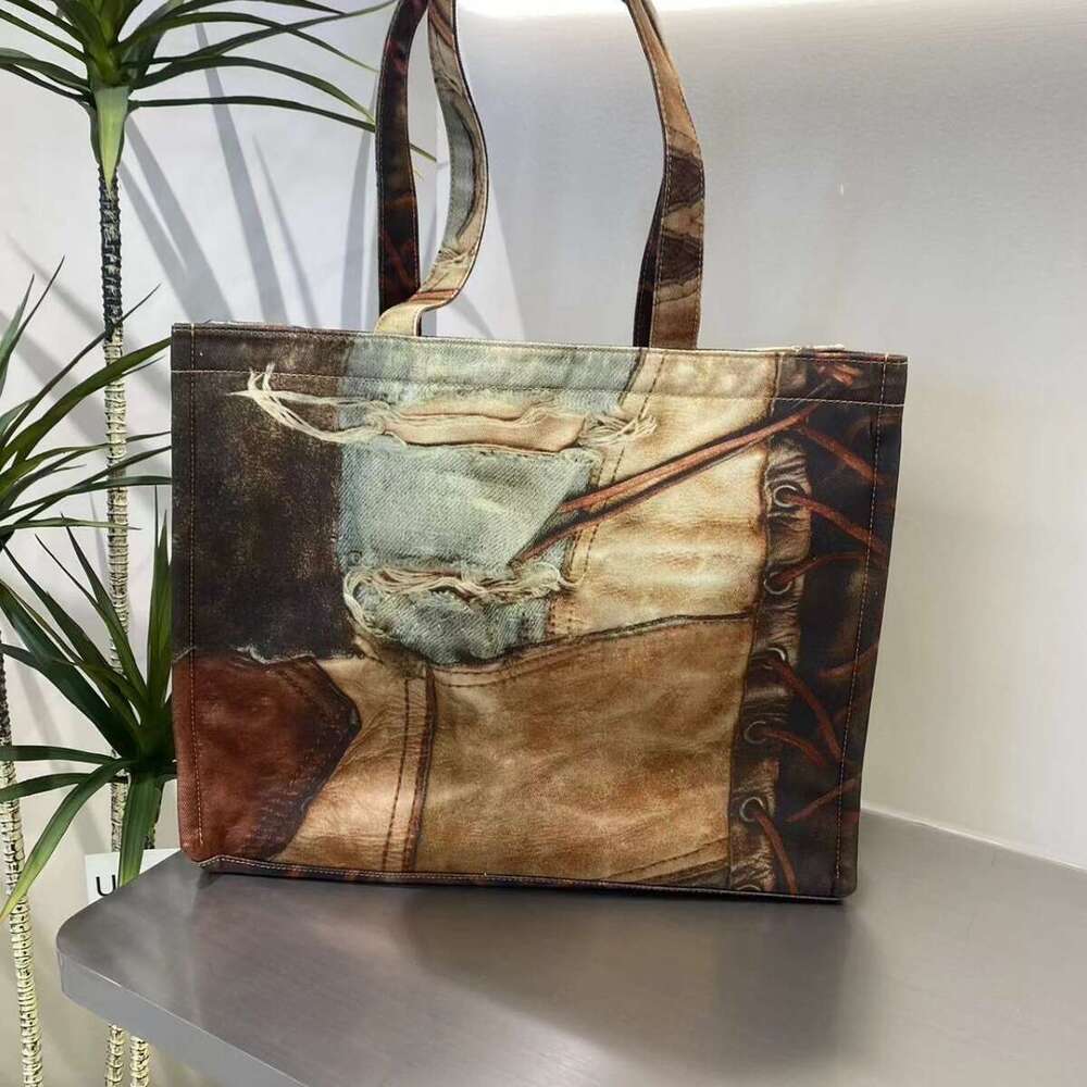 2024 OLOEY Spring and Summer New Retro Distressed Printed Shopping Casual Canvas Large Tote Mommy Women's Fashion Bag