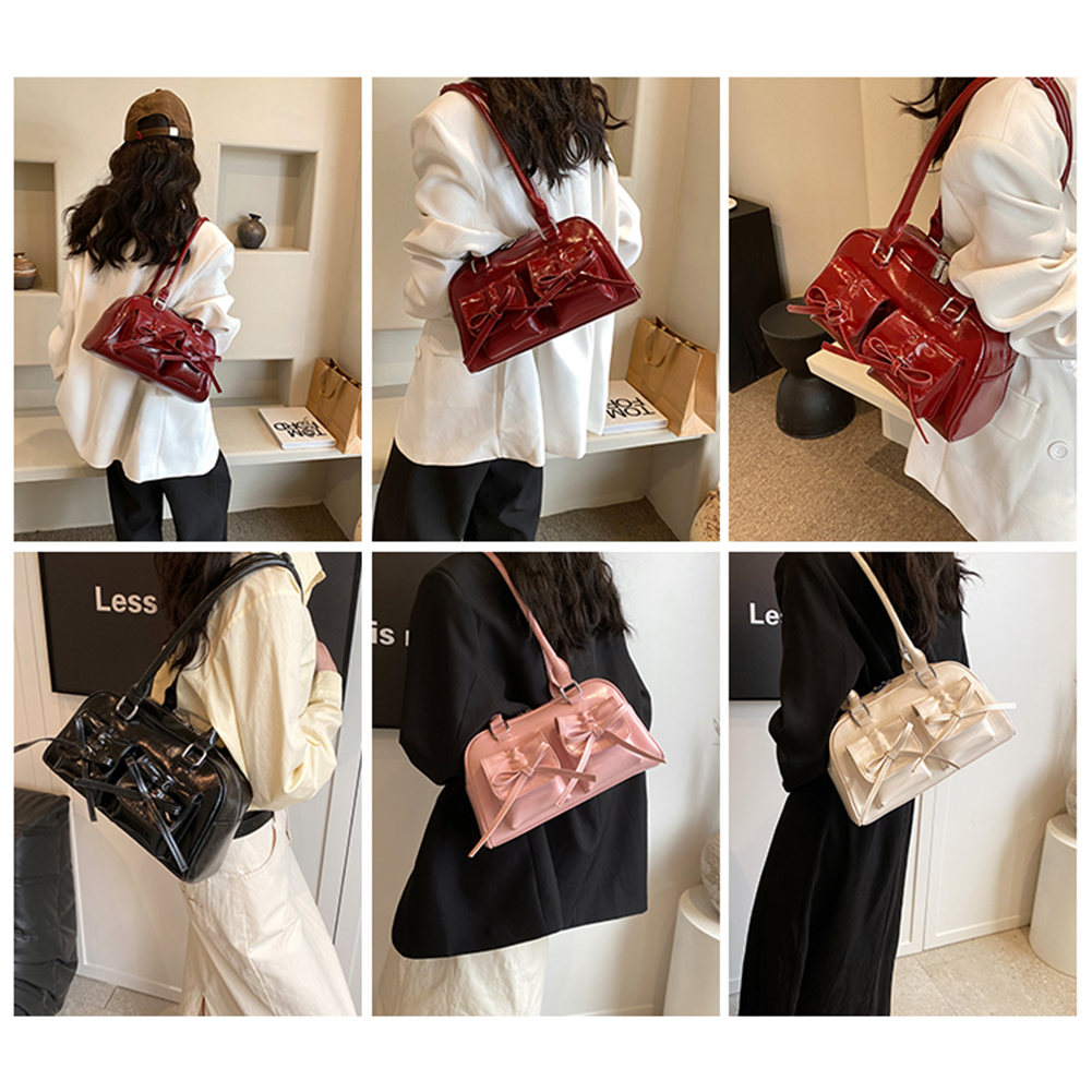 Women Fashion Shoulder Bag Double Pockets PU Leather Daily Commuting Bag with Bow Simple Shopping Bag Solid Color Chic Hobo Bag