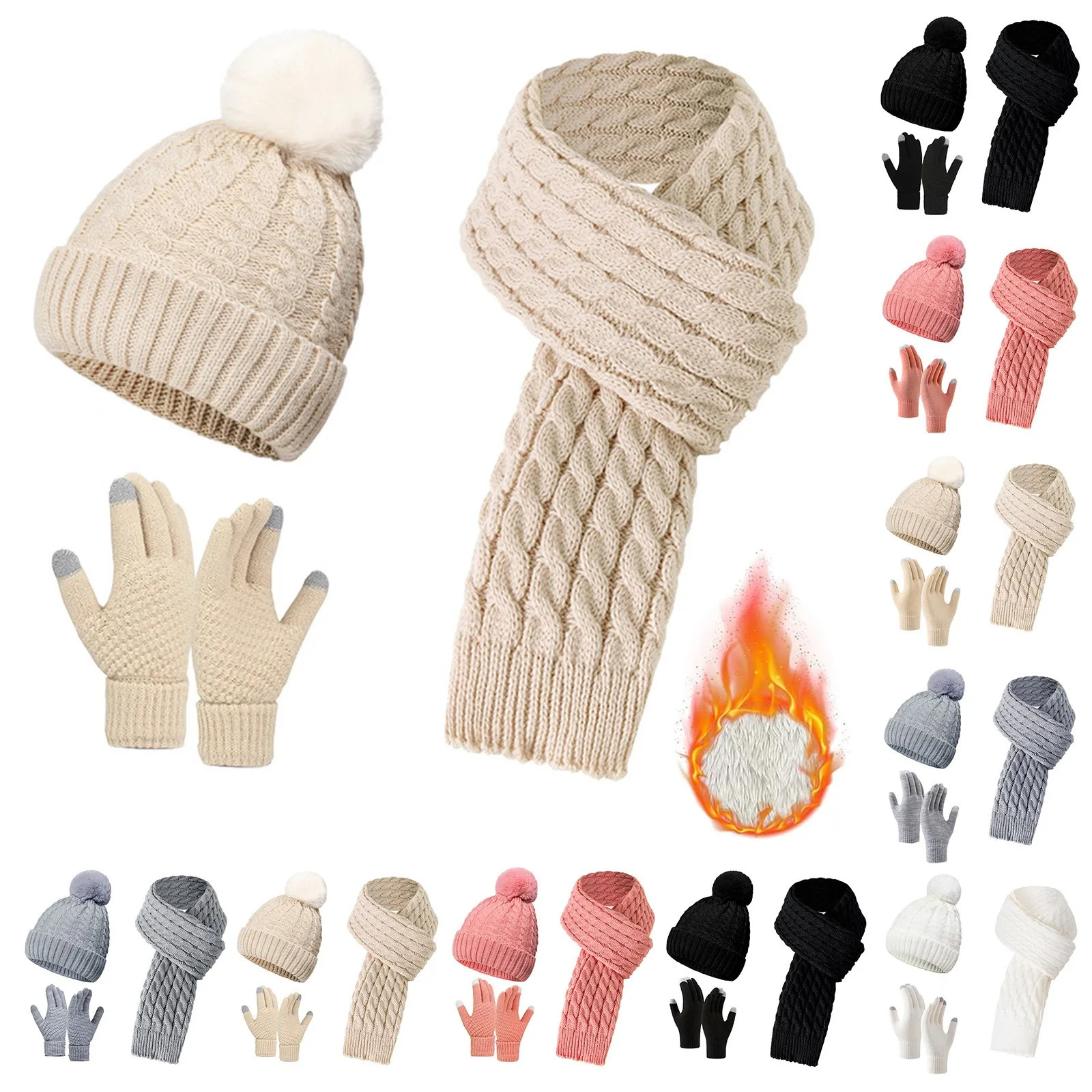 Womens Winter Hat Scarf Glove Set Wool Lined Knitted Hat Warm Long Scarf Winter 3-Piece Glove Set 241107