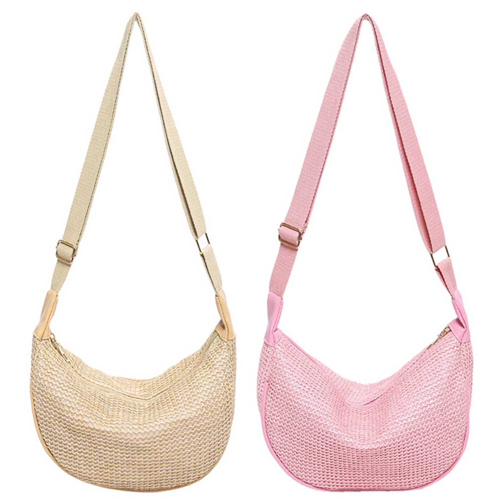 Women Straw Woven Dumpling Bag Large Capacity Shoulder Bag Adjustable Strap Crescent Crossbody Bag Casual for Party Vacation