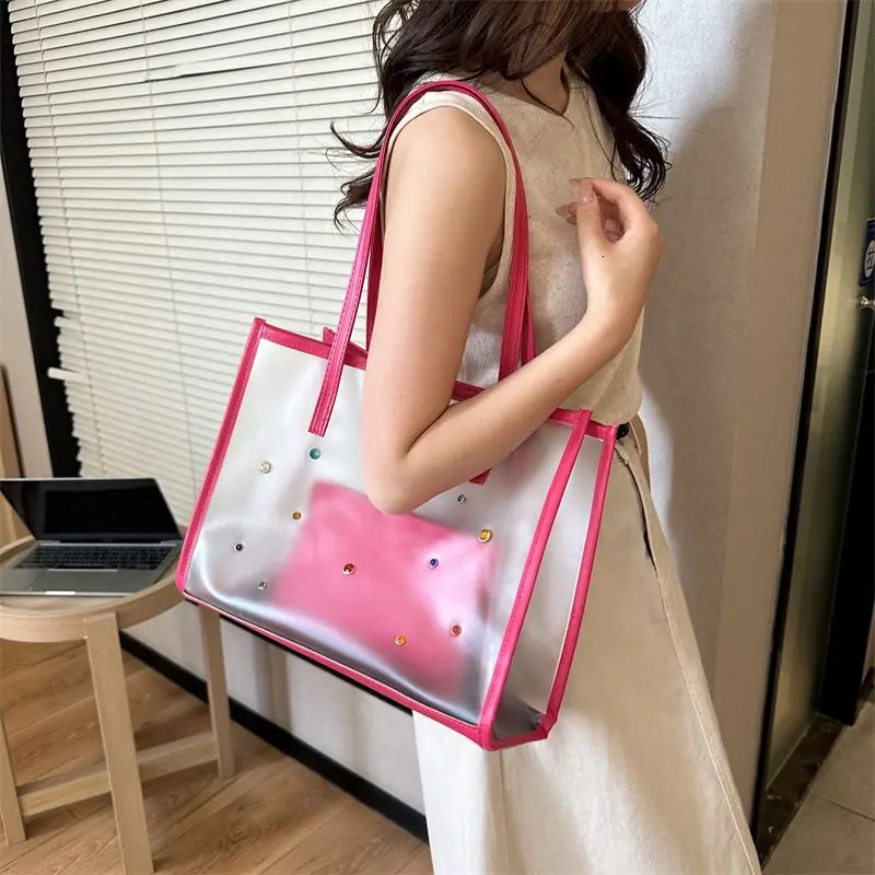 transparent large capacity womens bag two-piece set frosted jelly fashionable one shoulder street jelly handbag 241107