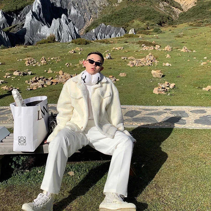 Korean fashion fur coat mens jacket trend square collar chic mink faux fur coat jacket hip-hop party clothing 241107