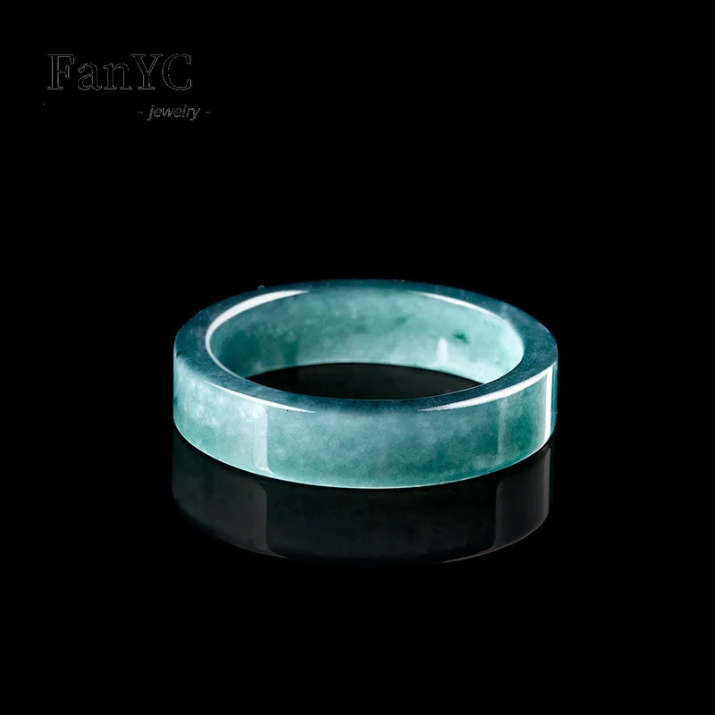 Myanmar A-goods jade blue water ring hand-painted simple and fashionable rubber ice jade ring mens and womens holiday gift 241106