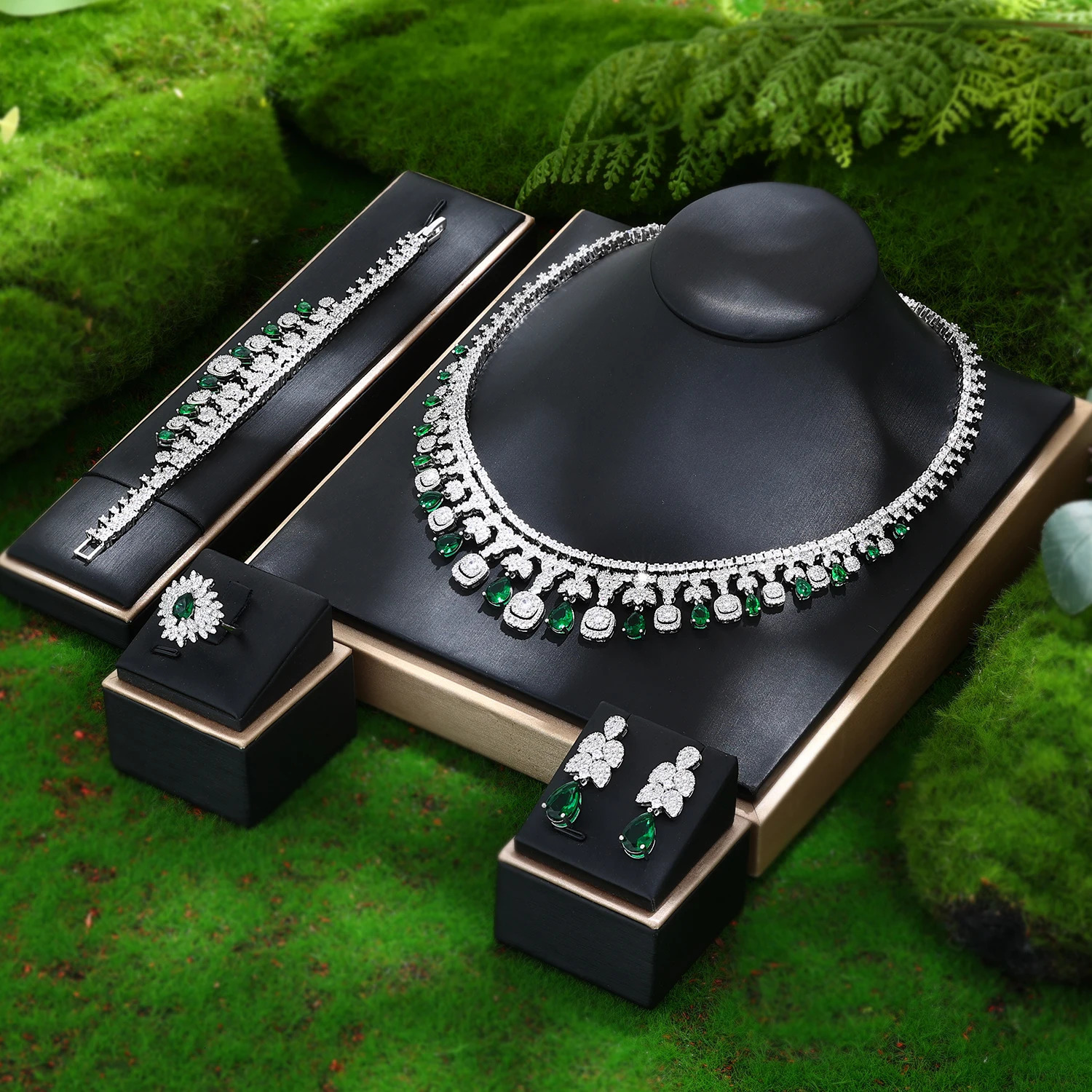 Arrival Dubai Bridal Wedding Bridal 4-piece Jewelry Set Green Cubic Zirconia Pendant Necklace 241106