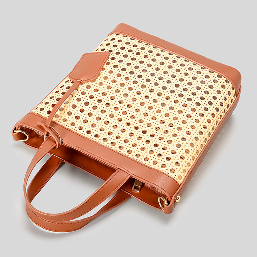 Women Rattan Tote Bag Patchwork Crossbody Bag Adjustable Strap Hollow Out Messenger Bag Zipper Closure for Party Vacation