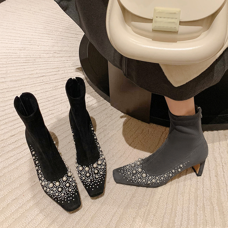 Women's Fashion Boots:Pearl Design High Heels Suede Slim French Square Toe Versatile,Black/Grey,fashion