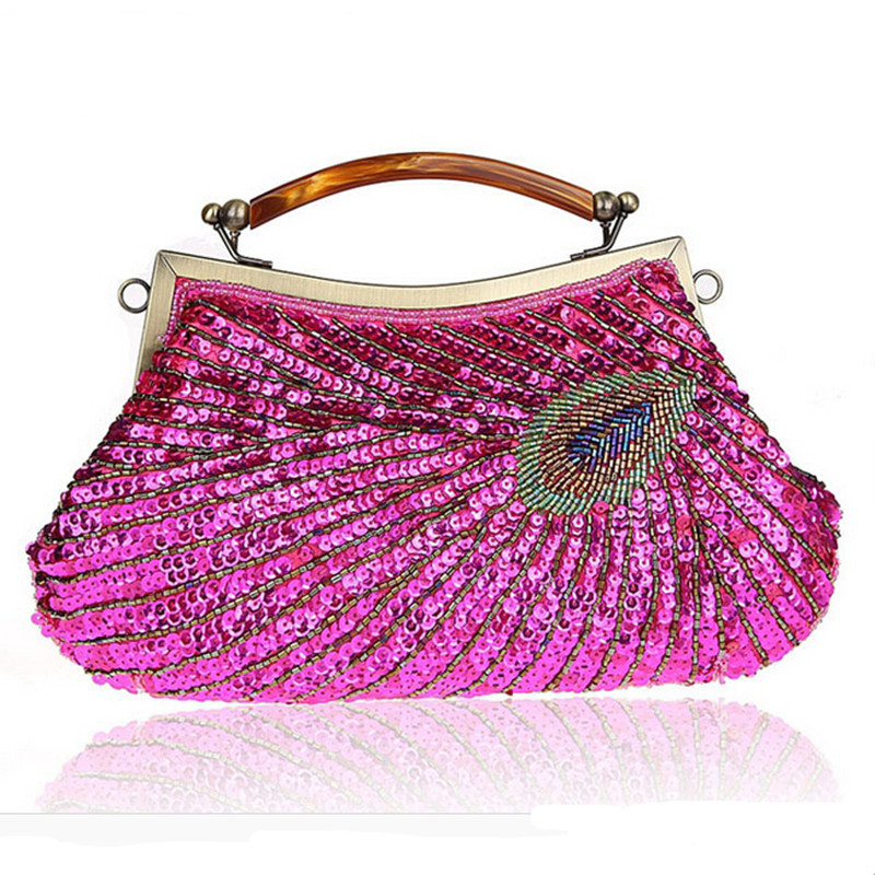 Handmade beaded sparkling bling satin and sequins lady handbag vintage women shoulder bag evening party clutch purse with chain