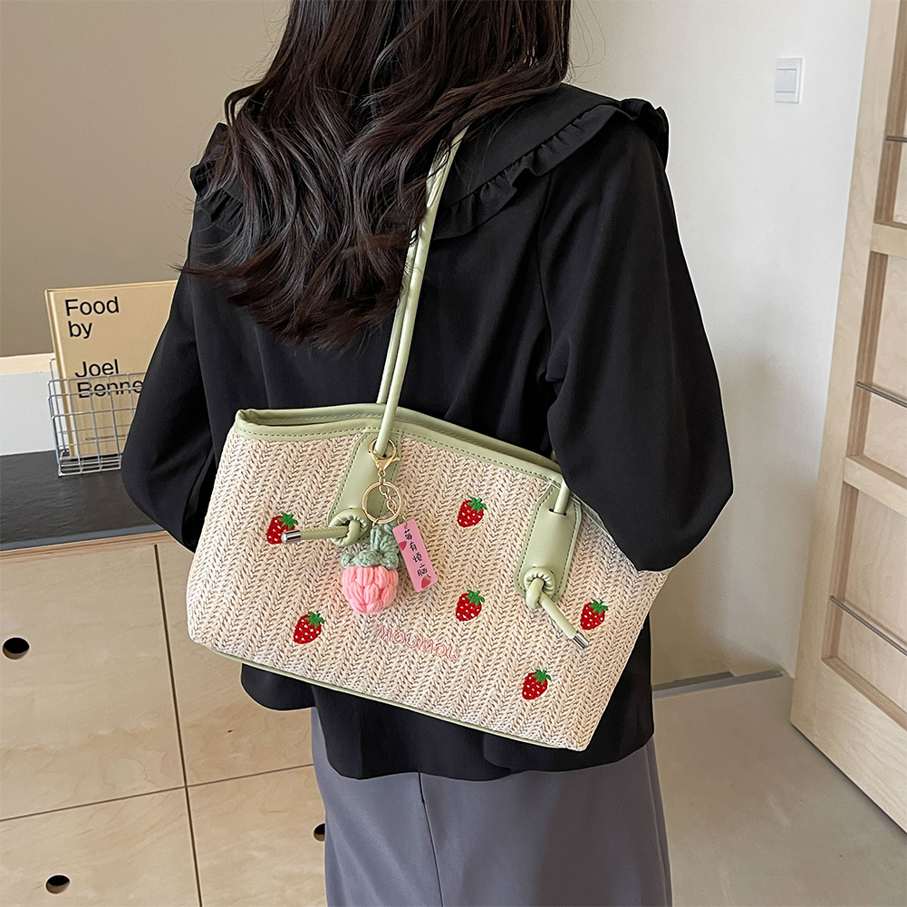 Cute Strawberry Beach Shoulder Bag with Zipper Casual Tote Bag Vacation Bag Holiday Travel Handbag for Women and Girls