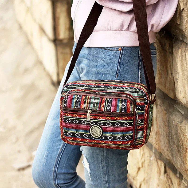 Multi Layer Messenger Bag Women 2024 Striped Canvas Single Bag Woman Mobile Phone Crossbody Bag Nylon Oxford Shoudler Bag