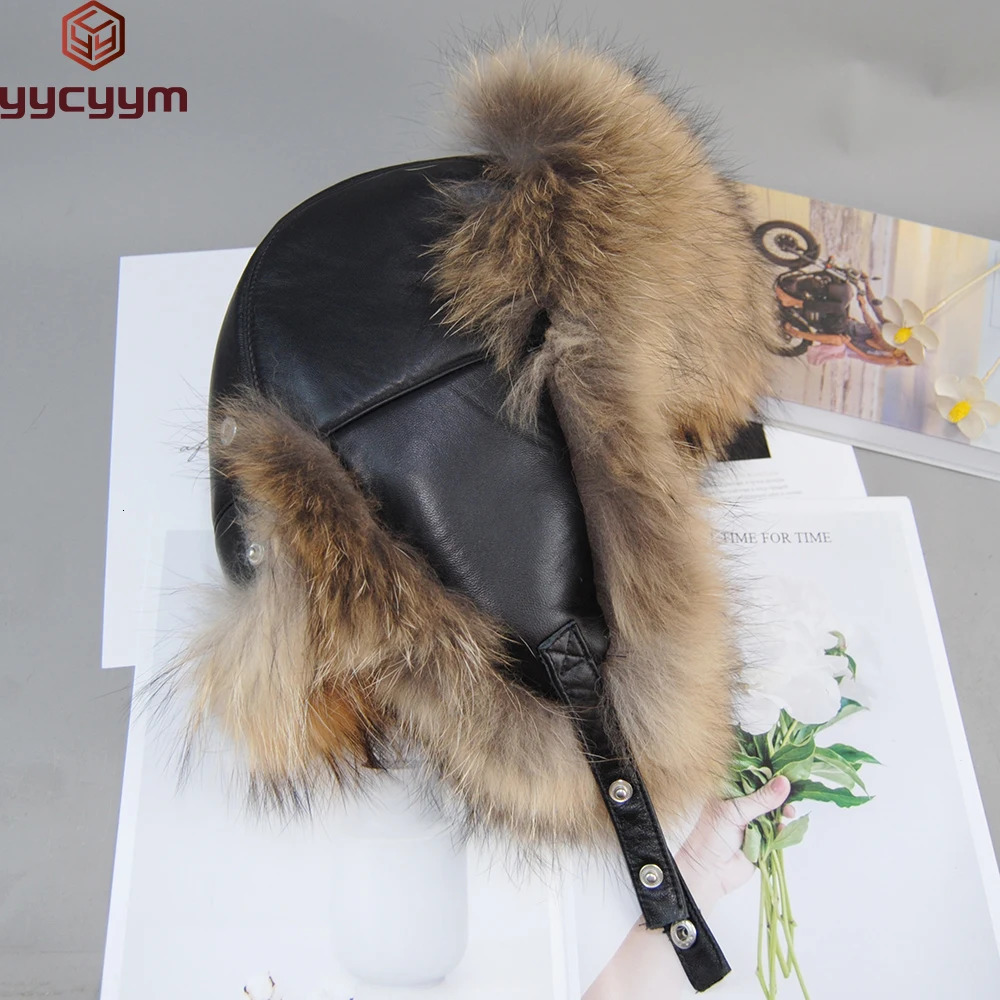 Winter Mens 100% Real Silver Fox Fur Pilot Bomber Hat Raccoon Fur Usanka Hat Hunter Russian Mens Ski Hat Real Leather 241106