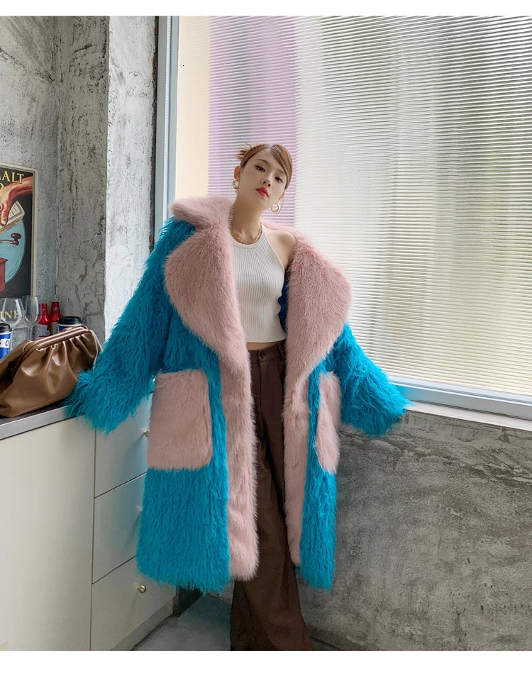 Light blue faux fur coat for women fashionable personalized street wear fur collar long jacket winter womens coat performance clothing 241107