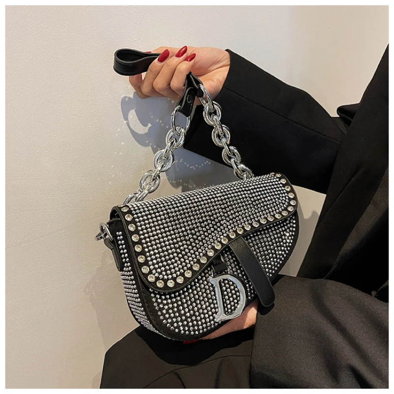 Women's Bag 2024 Trend High-Grade Thick Chain Bright Diamond Luxury Designer Crossbody Bags Fashion Exquisite Small Saddle Bag
