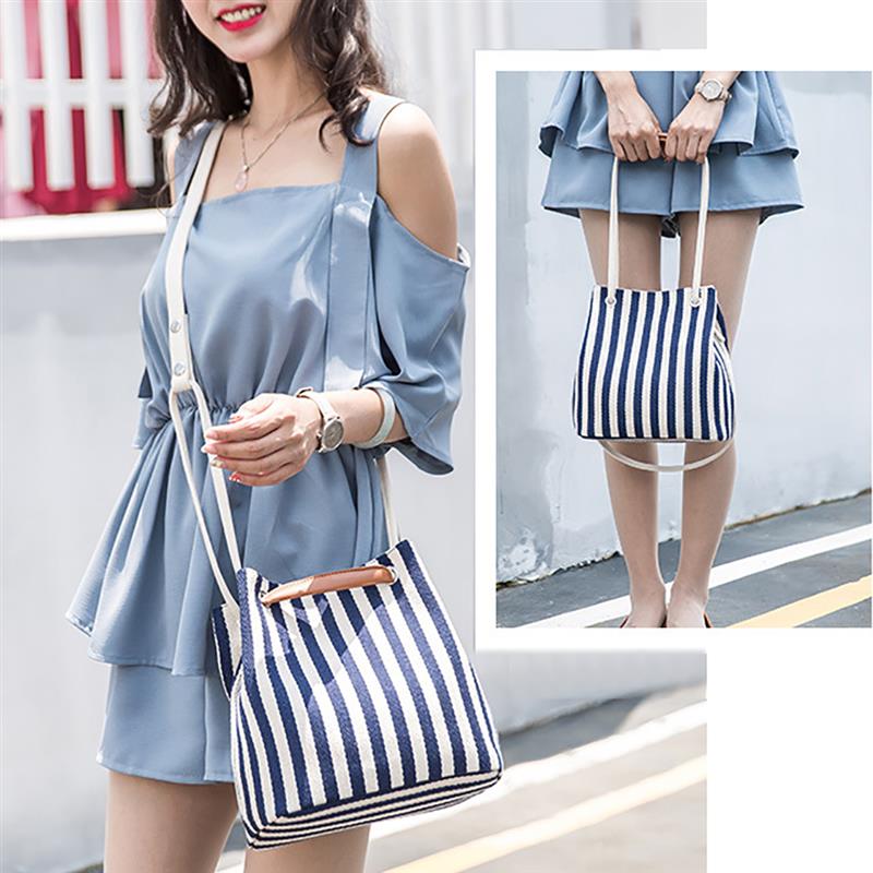 Casual Stripe Pattern Women's Handbag Bucket Canvas Top-Handle Drawstring Female Beach Shopping Bag 2018 Hot