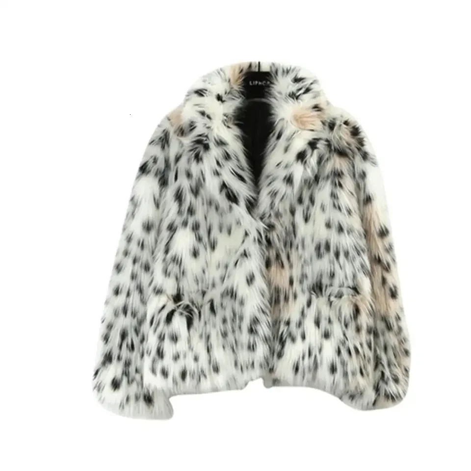 faux mink leopard print coat womens lapel plush fox fur bomber jacket spotted cardigan top 241107