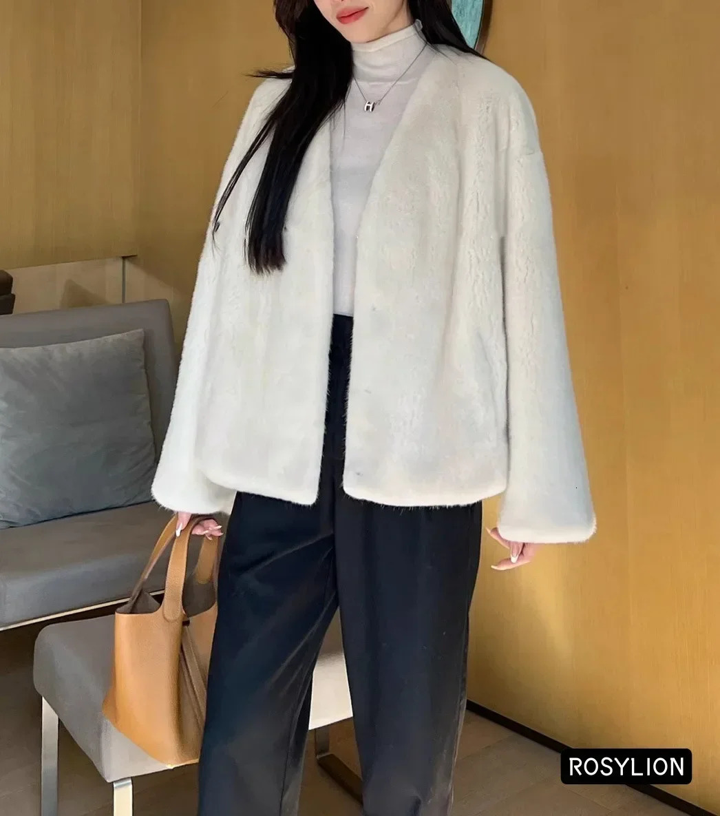 Mink womens fashionable V-neck European mink velvet coat loose faux mink velvet jacket womens gray brown streetwear 241107