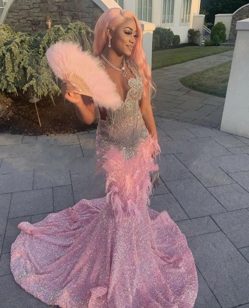 Shinny Pink Prom Dress 2024 Blackgirl Feathers Dia Sequin Abendkleid Mermaid Party Gowns 0920