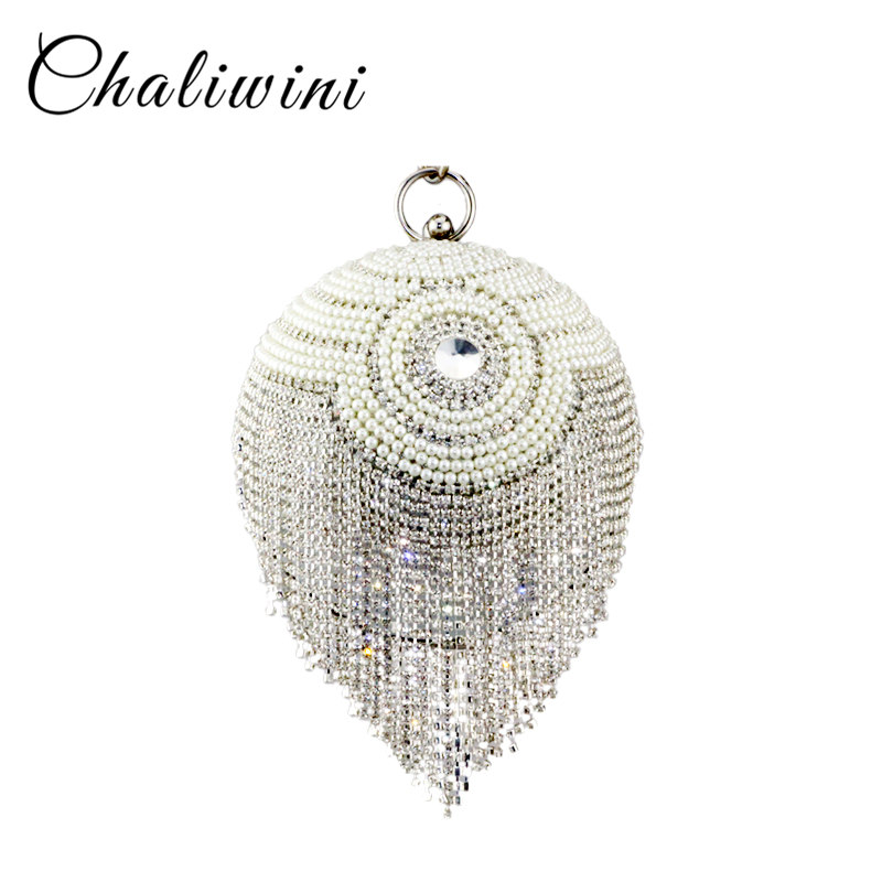 Chaliwini new design silver bowling shape totes bag beaded pearl striped flower ball wristlets tassel women messenger bags
