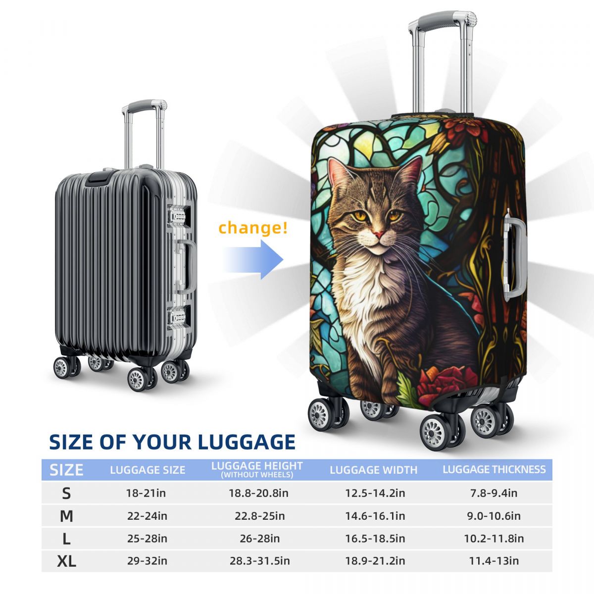 Cat Stained Glass Suitcase Cover Colorful Flowers Vacation Cruise Trip Useful Luggage Case Protector