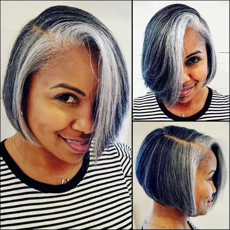 Gray Bob Lace front Wigs With Layered Swoop Bang ,raw virgin human Salt And Pepper Grey Wig for Women, Pixie Cut Glueless pixie cuts gray closure fron