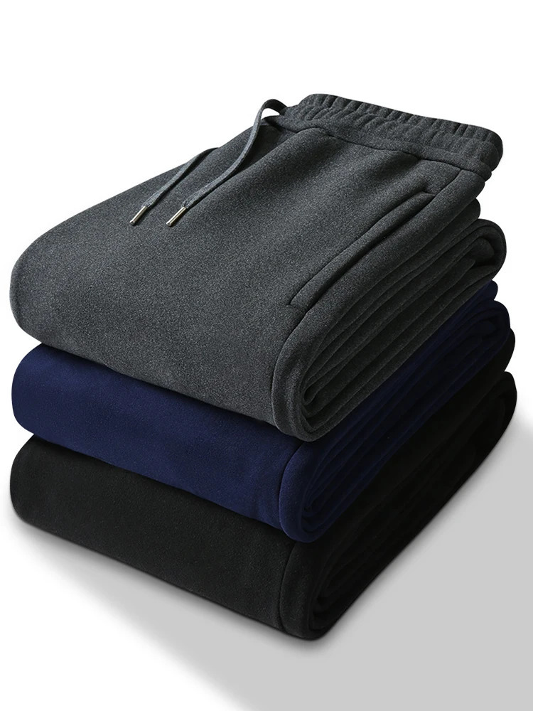 Winter Fleece Sweatpants Men Thicken Warm Jogger Pants Drawstring Elastic Waist Zip Pockets Thermal Straight Track Trousers 241104