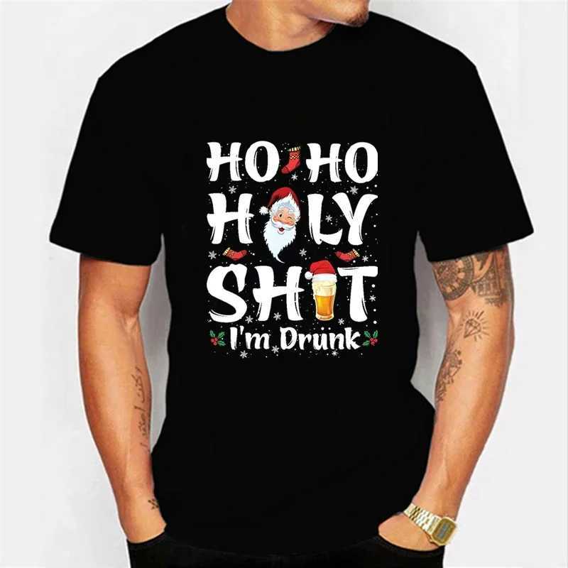 Ho Holy Shit I got drunk. Beer printed mens T-shirt cotton T-shirt Christmas hat graphic T-shirt oversized mens T-shirt X241107