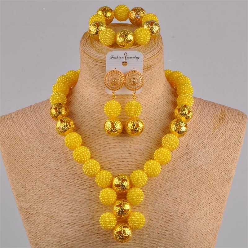 Majalia Yellow African Wedding Jewelry Nigeria Fashion Wedding African Plastic Bead Jewelry Set HH-04 241106
