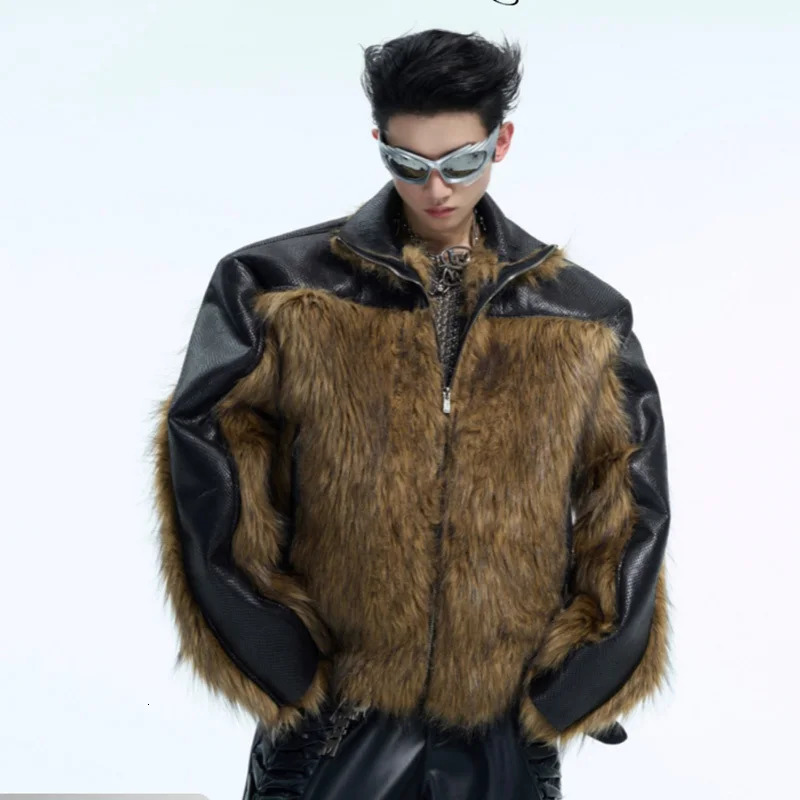 FEWQ mens top PU leather splicing s mink coat three-layer thick jacket 24E5183 241107