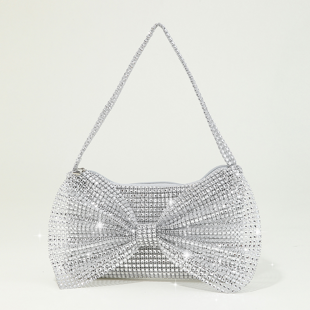 Women Elegant Shoulder Bag Solid Color Rhinestone Evening Armpit Bag Zipper Closure for Dinner Party Wedding