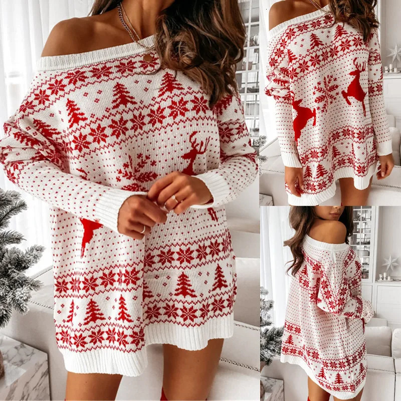 y2k Women Christmas Dress Snowflake Fawn Print Sweater Jacquard Knitted Loose Fit Long Sleeve O-neck Dress Autumn Winter Dresses 241107