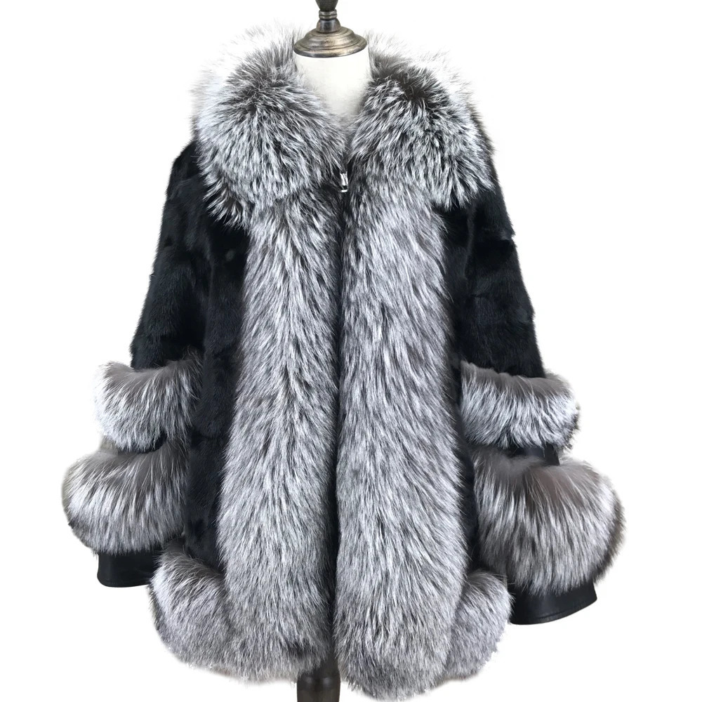 Natural mink coat with silver fox collar suitable for women front cuffs elegant fur beautiful and fashionable style autumn and winter 241107