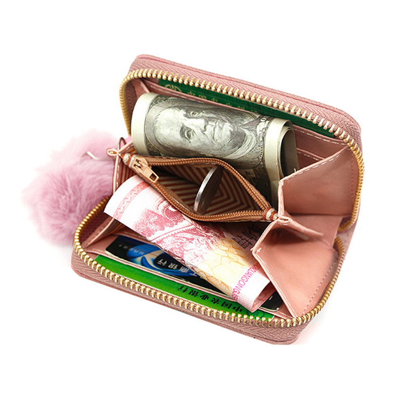 Tri-Fold Hairball Women Short Wallet Solid Color Mini Clip Coin Purse For Ladies Credit ID Card Holder Female Money Bag Y260206