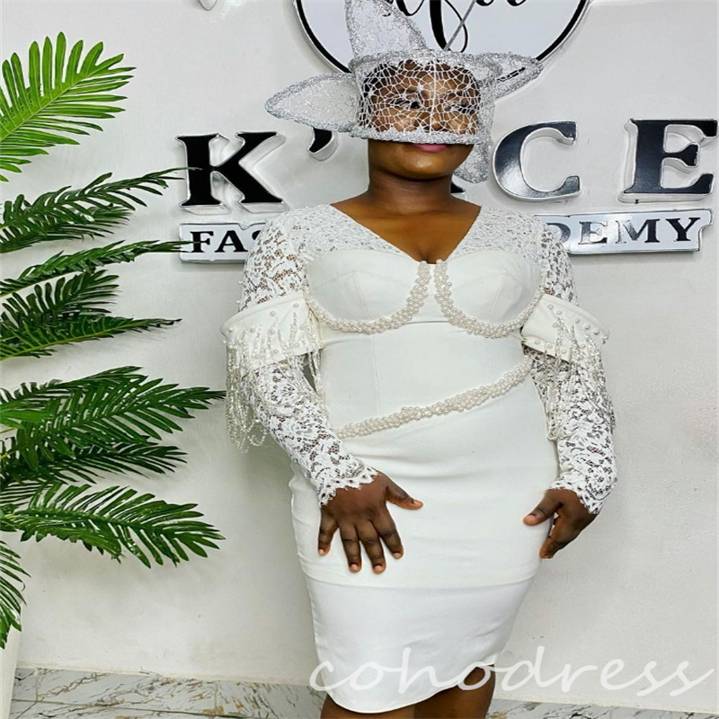 Stunning Nigerian African Wedding Dresses With Pearls Sheath V Neck Mini Short Country Bridal Gowns Lace Long Sleeve Western Bride Dress Vestio De Nov