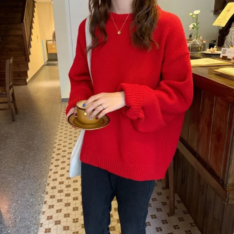 Arrival AutumnWinter Korean Style Versatile Loose-Fit Pullover Sweater Stylish Christmas Red Top For Womens Outerwear 241107