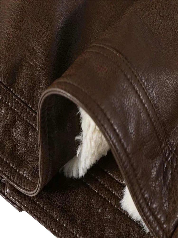 Womens Brown Leather Jacket Emo Mustang Coat Harajuku Retro Long Sleeve Motorcycle Jacket Coat 2000 Winter Clothing 241107