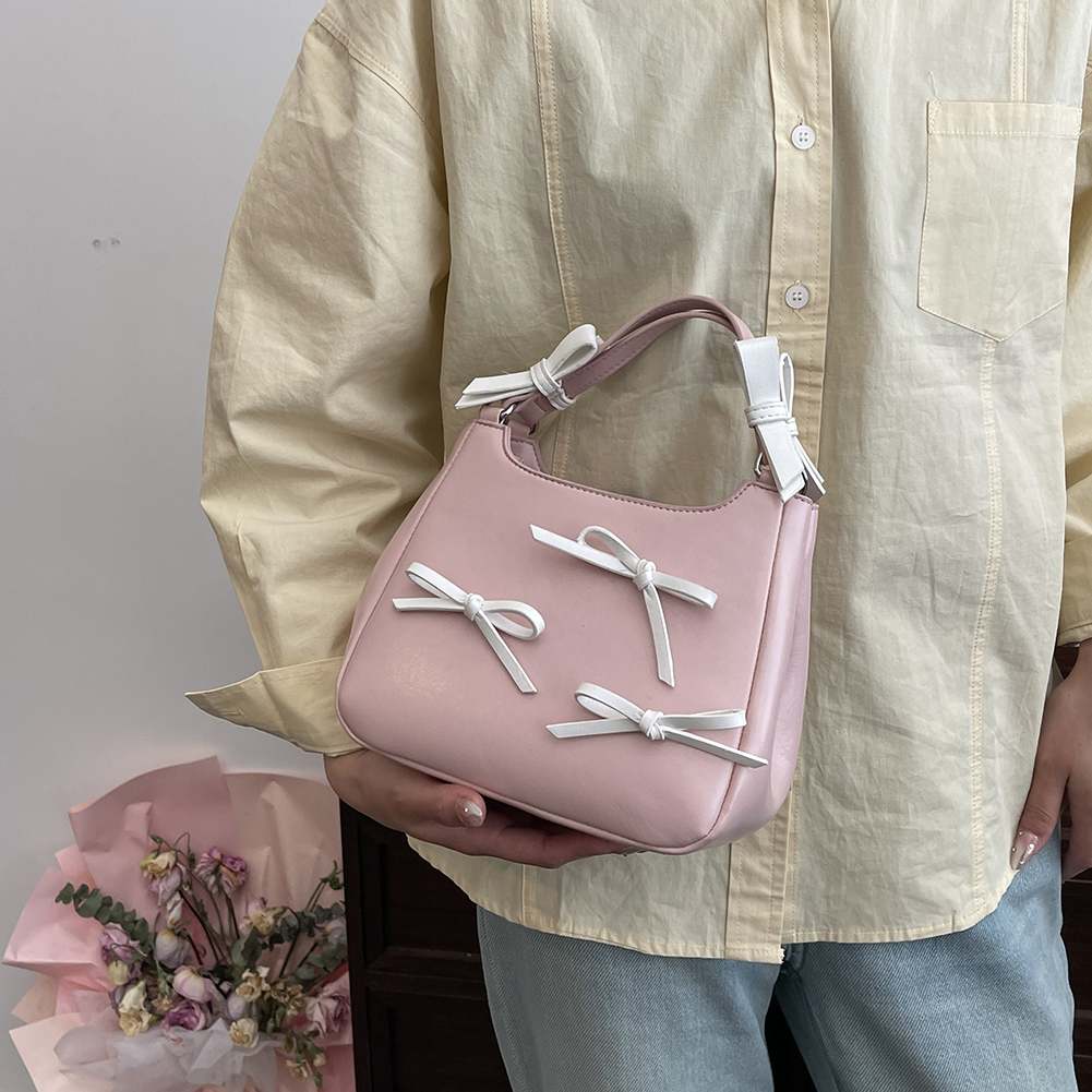 Sweet Bow Shoulder Bag PU Leather Aesthetic Crossbody Bag Contrast Color Trendy Tote Bag with Adjustable Strap Top Handle Bag
