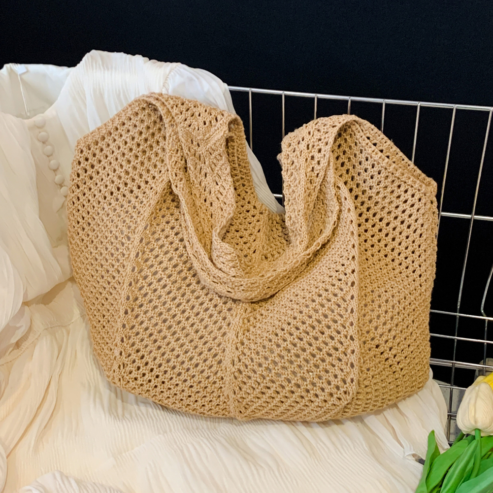 Women Crochet Tote Bag Fashion Hollow Out Knitted Bag Large Capacity Handbag Female Summer Beach Solid Color Woven Shoulder Bag