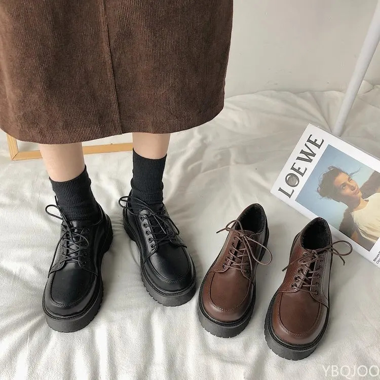 Spring and autumn womens Oxford shoes flat shoes casual shoes black lace upper leather shoes sewn round toes zapatos mujer 241106