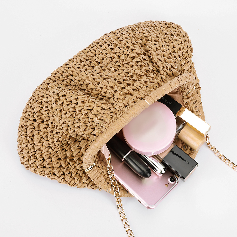 Women Straw Crossbody Bag Clutch Purse Chain Straw Shoulder Bags Handbag Dumpling Pouch Rattan Boho Summer Beach Woven Bag