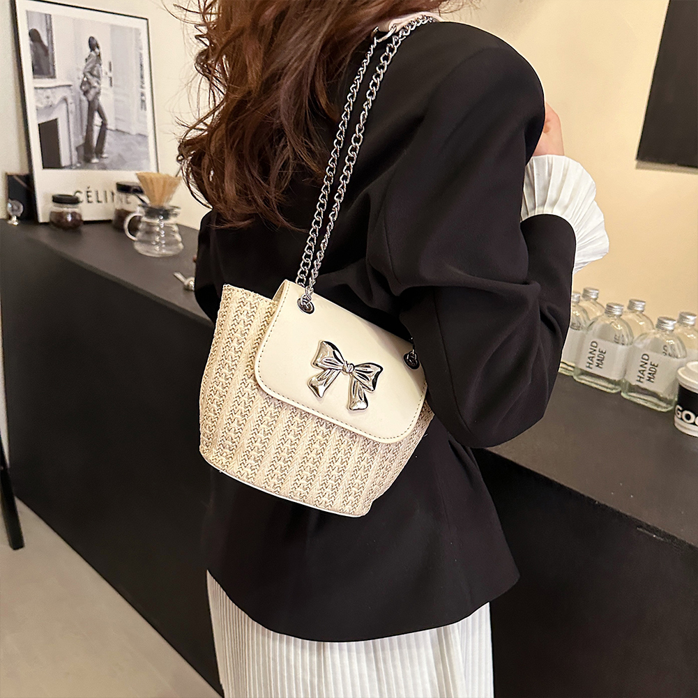 Woven Bow Chain Crossbody Bag Boho-chic Handbag Crochet Straw Shoulder Bag Summer Beach Bag Women Makeup Bag Travel Bag