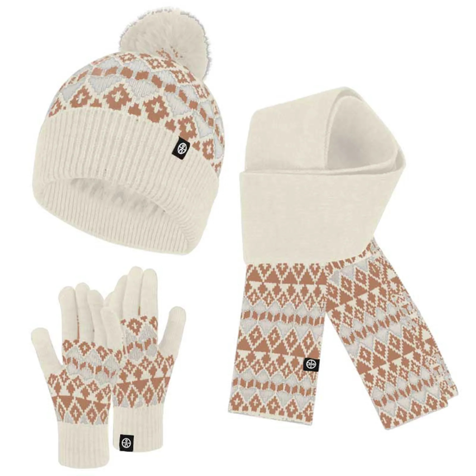 Winter hat scarf glove set fashionable knitted hat glove scarf set Bohemian geometric pattern wool ball scarf glove set 241107