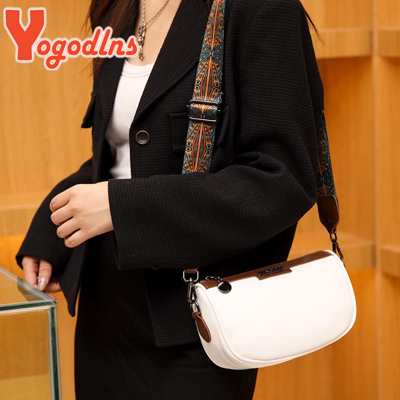 Women Large Capacity Shoulder Bag Fashion Wide Shoulder Strap Crossbody Bag PU Leather Pillow Bag