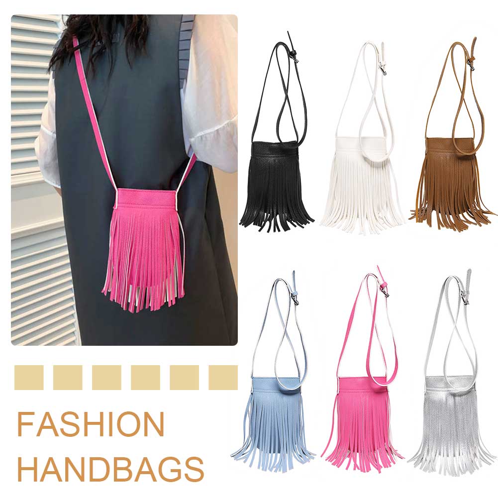 Fashion Fringe Purse PU Leather Trendy Crossbody Bag Solid Color Cell Phone Purse for Women Girls