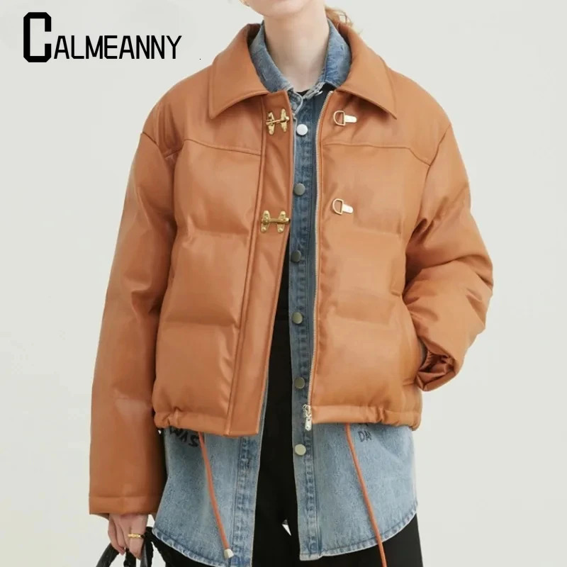 Womens down jacket winter casual loose collar velvet leather jacket short loose inflatable jacket 241107