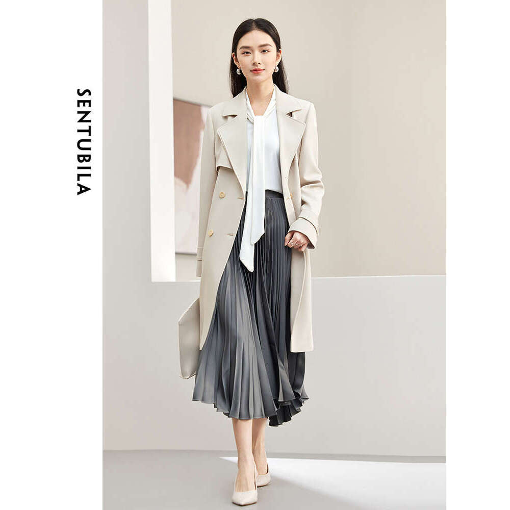 SENTUBILA Double-Lapel Belted Trench Women Spring Autumn 2024 Business Style Double-Breasted Mid-Length Long Coat 141F53208