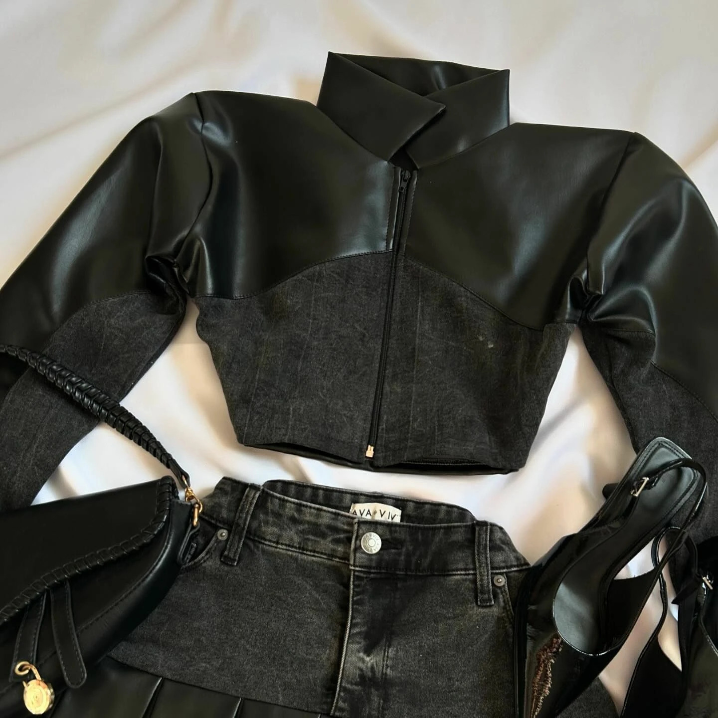 Y2K Leather Spliced Denim Black Two Piece Set Women Harajuku Gothic Long Sleeve Zipper Jacket Mini Pleated Skirt Autumn Jacket 241107